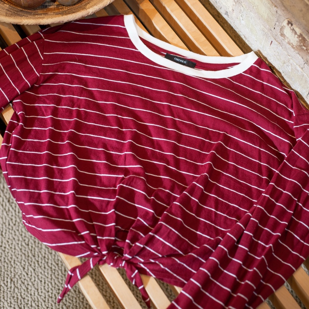 Forever 21 Front-Tie Striped Long-Sleeve Crop